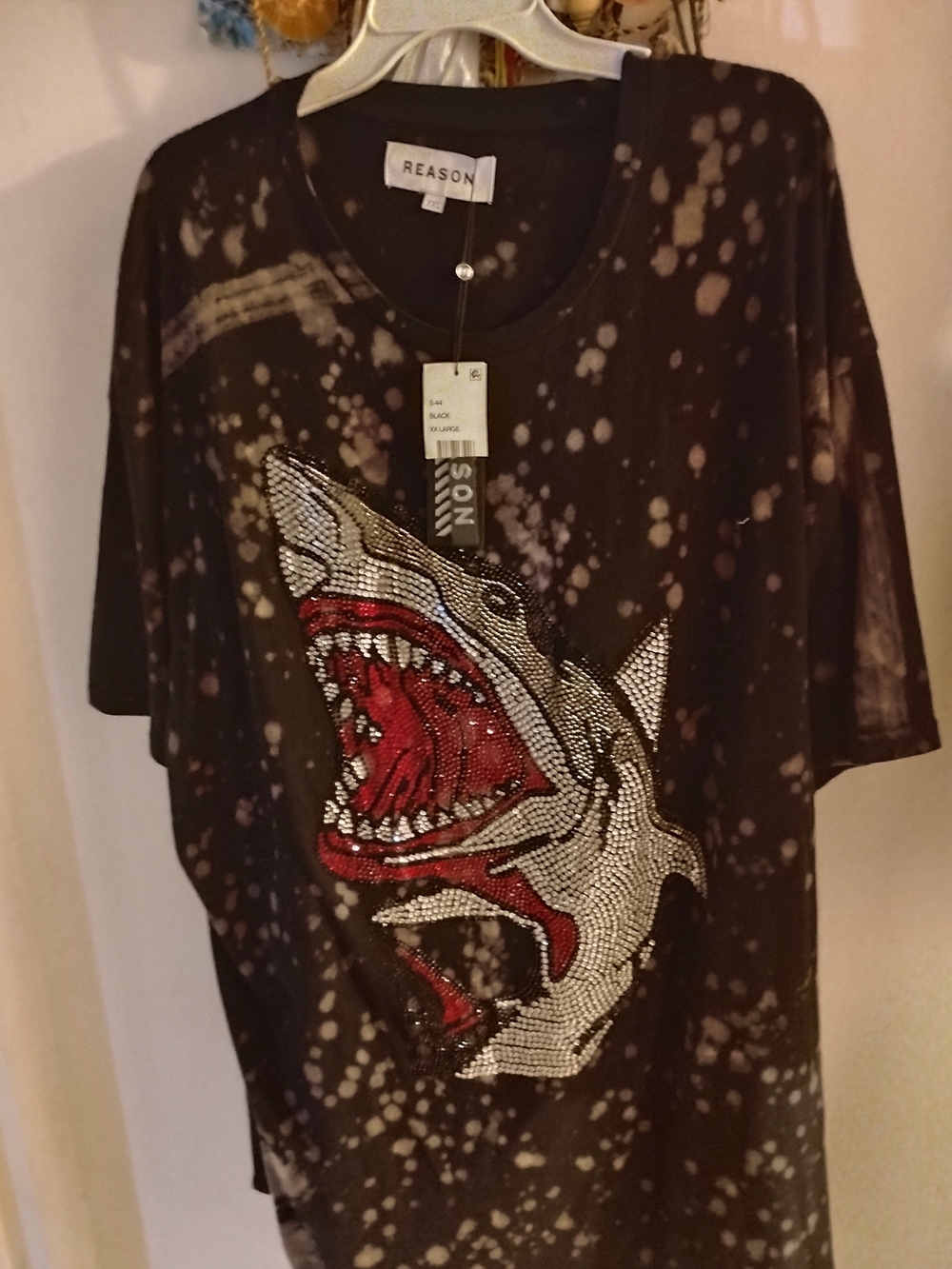 Reason Black Sequin Shark Short Sleeve Tee with Red Accent
